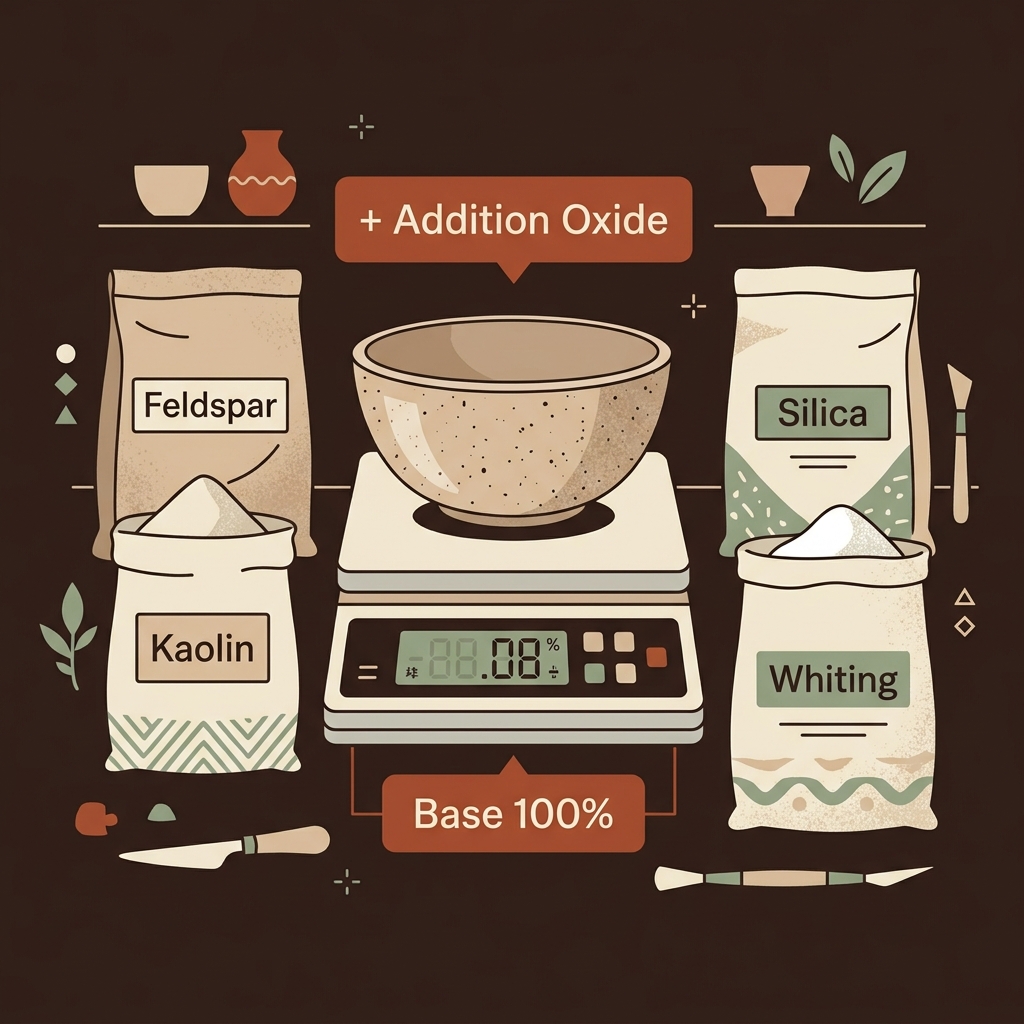Illustration of studio balance scale with raw ceramic material bags and percentage labels