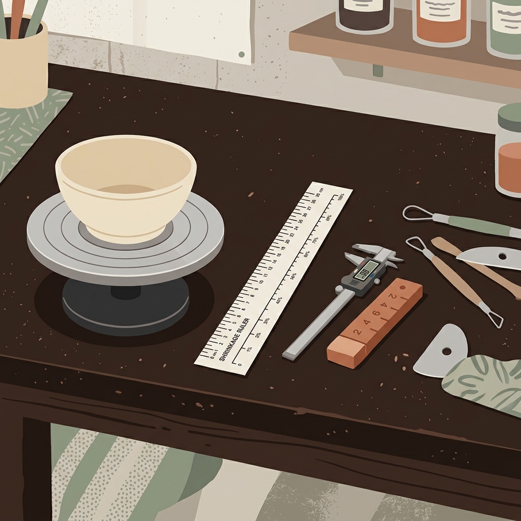 Pottery studio worktop with a wet thrown bowl, a printed clay shrinkage ruler strip, calipers, and a fired test bar