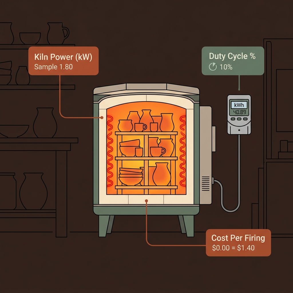 Technical cross-section diagram of an electric kiln with kWh energy meter and duty cycle callouts