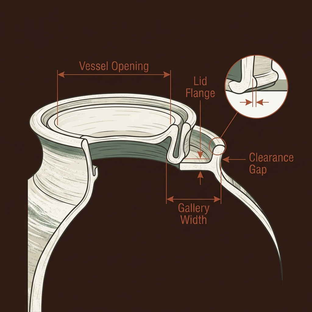 Technical cross-section diagram showing pottery vessel neck, gallery shoulder, lid flange, and clearance gap