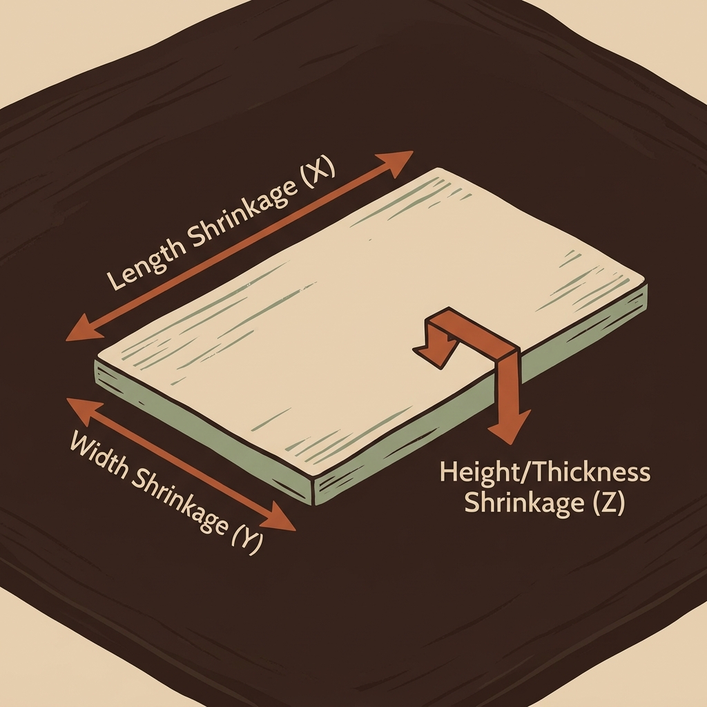 Illustration of a ceramic slab tile showing X length, Y width, and Z height directional shrinkage measurement vectors