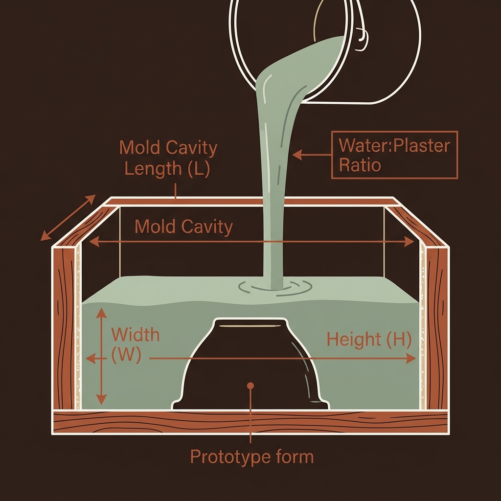 Technical cross-section diagram of a mold box showing length, width, height, and water-to-plaster ratio