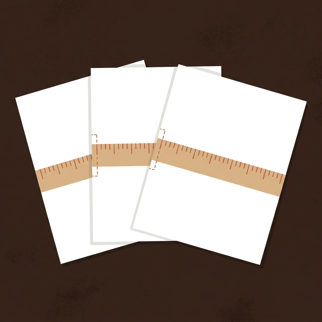 Three overlapping A4 paper sheets with a clay shrinkage ruler strip printed across them, showing the tiled PDF layout