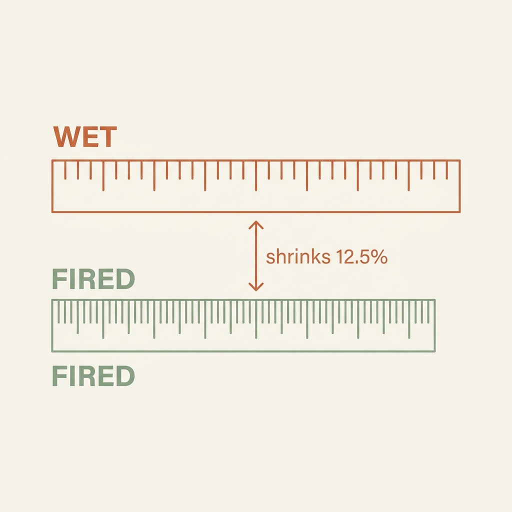 Illustration showing a wider wet clay strip and a shorter fired clay strip side by side, demonstrating 12.5% shrinkage