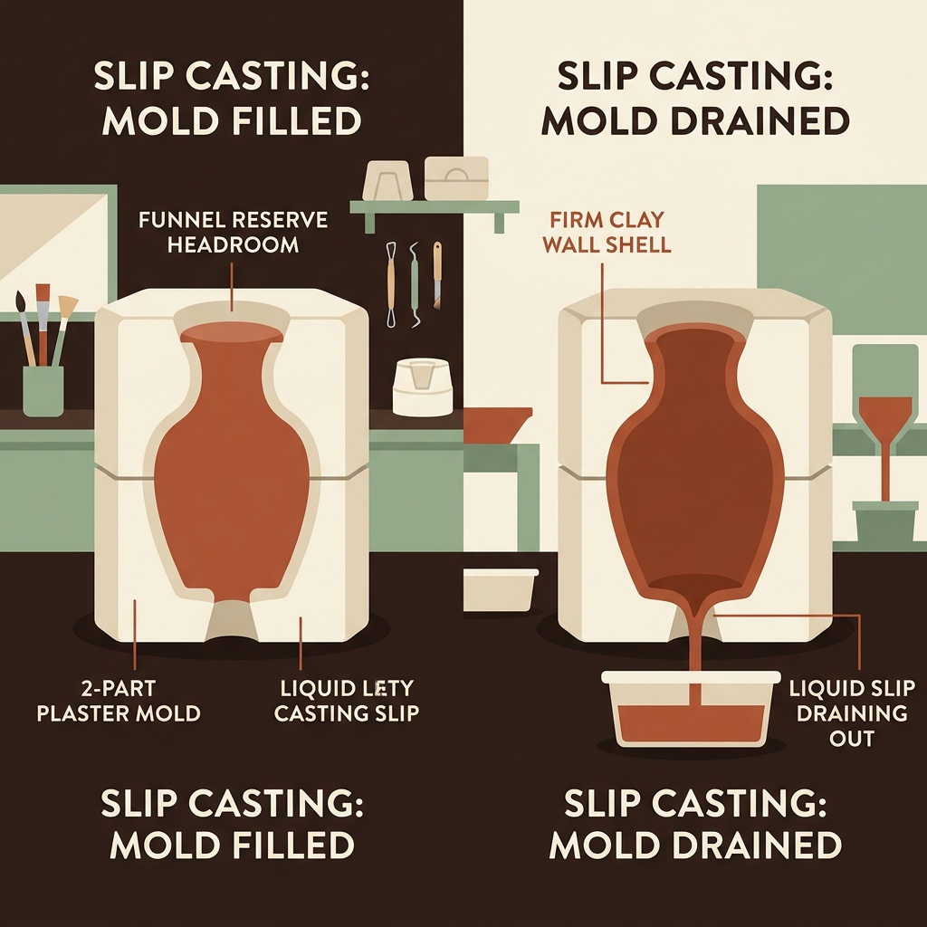 Split infographic diagram showing slip filled plaster mold on left and drained mold with clay wall buildup on right