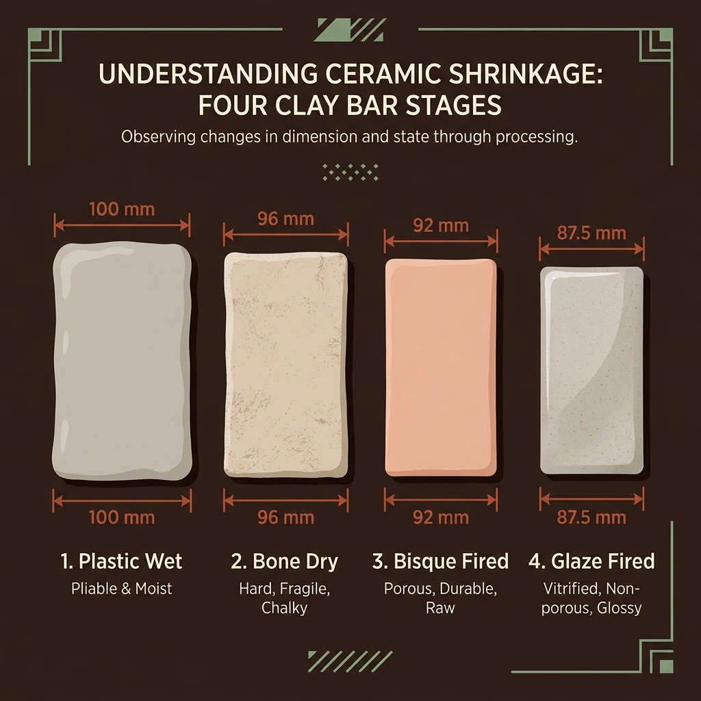 Infographic illustration showing four clay test bar stages: wet 100mm, bone-dry 96mm, bisque 92mm, and final fired 87.5mm